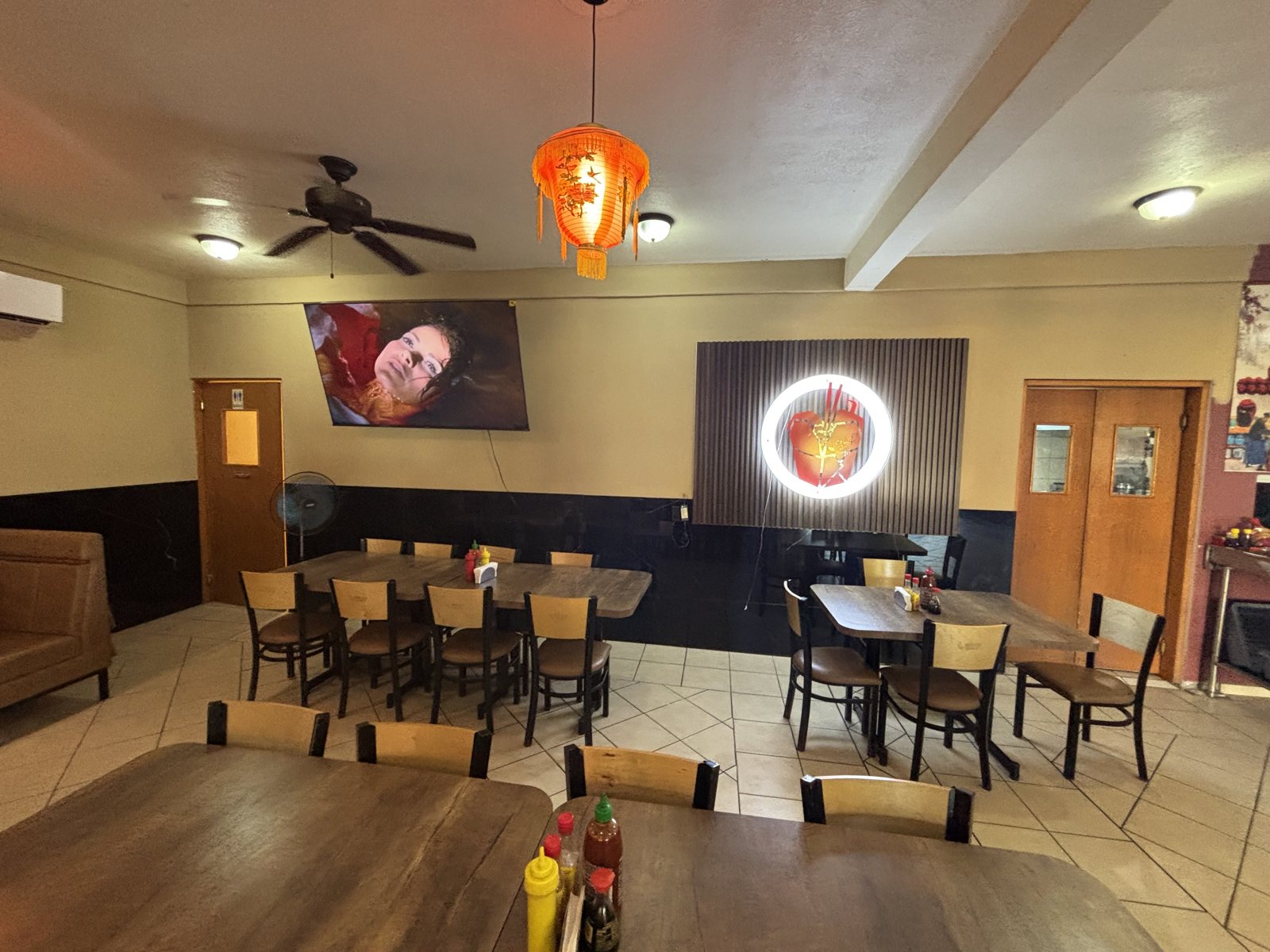 Red lanterns over the booths