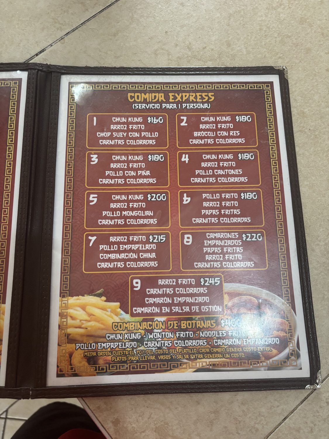 Comida Express printed menu page